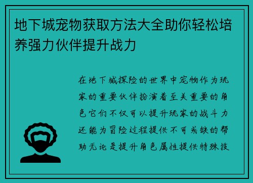 地下城宠物获取方法大全助你轻松培养强力伙伴提升战力
