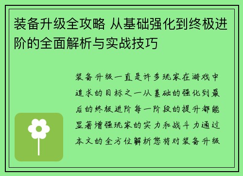 装备升级全攻略 从基础强化到终极进阶的全面解析与实战技巧